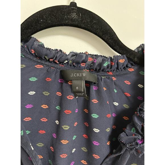 Jcrew 100% Silk Blouse Top Ruffle Navy Lips Long Sleeve Women's Size‎ 6 Split - Picture 2 of 9